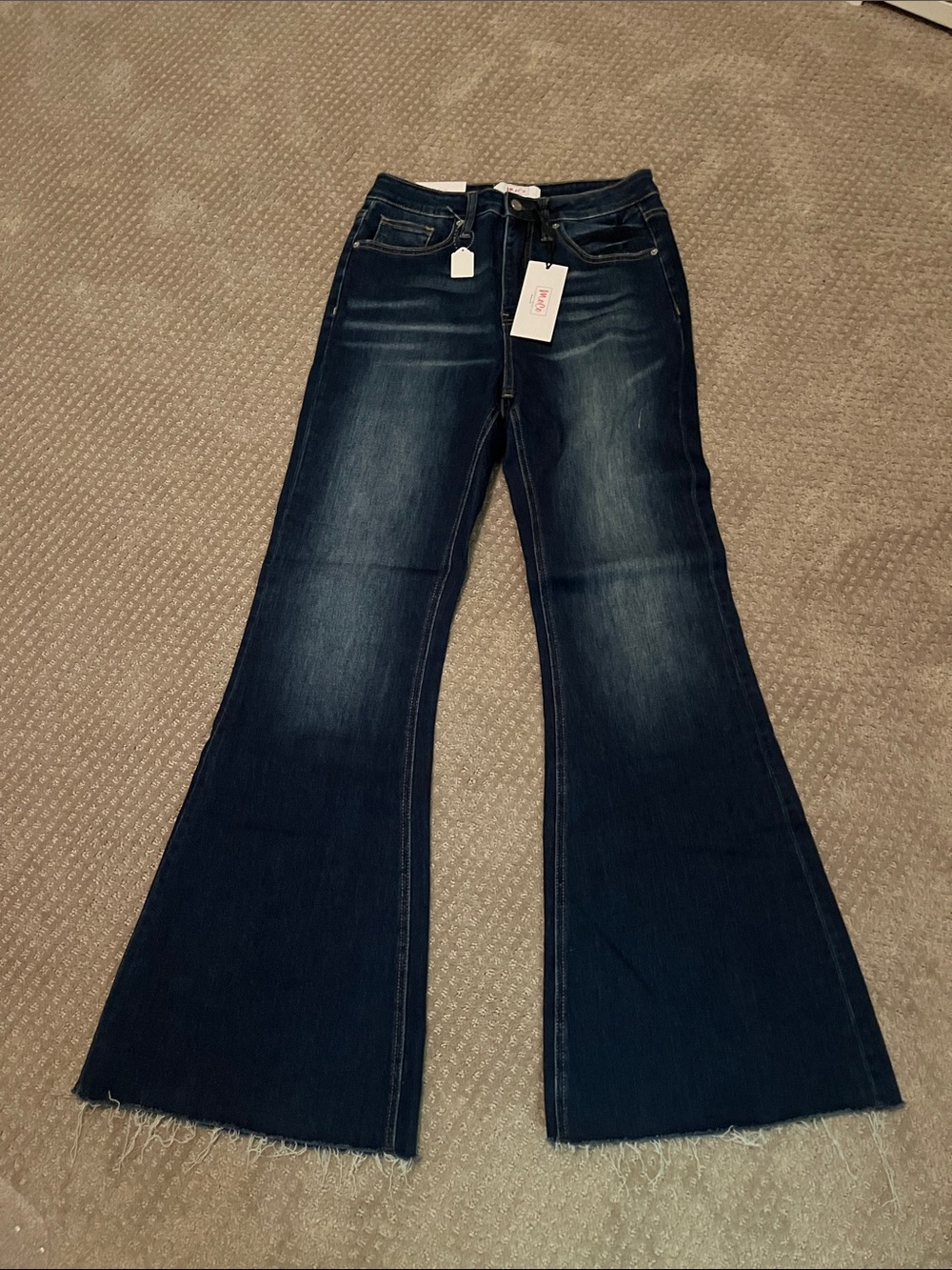 Dark Blue High-Rise Flare Jeans with Frayed Hem
